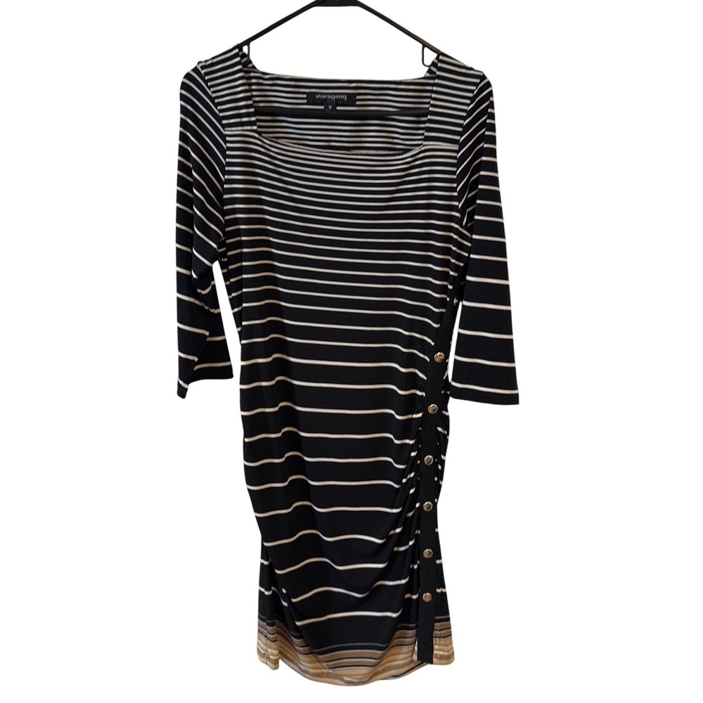 Sharagano Womens Black White Striped Ruched Side Button Sheath Dress Size 10